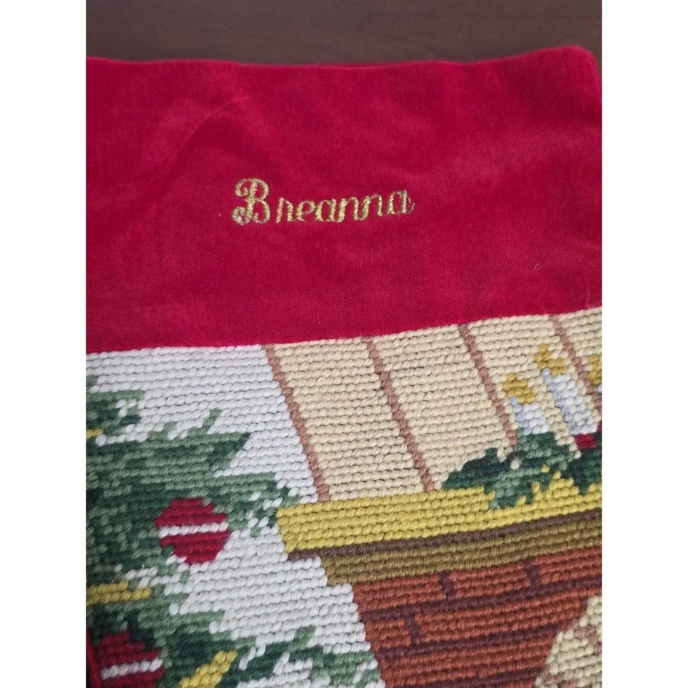 Needlepoint Christmas Stocking‎ Bear Wreath Wool Velvet Personalized Breanna
